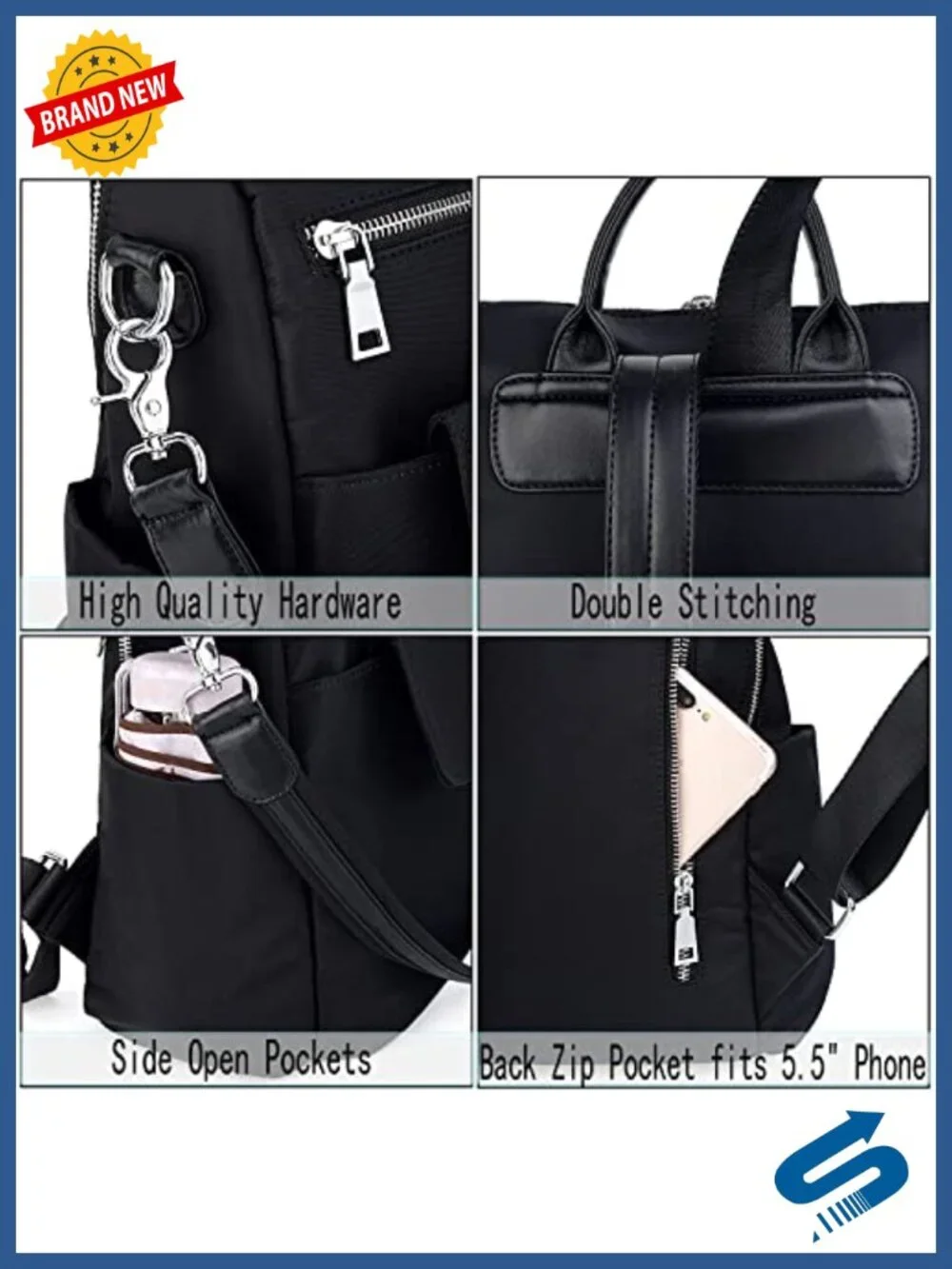 Women 3-Way Waterproof Nylon Backpack Purse Rucksack Shoulder Bag